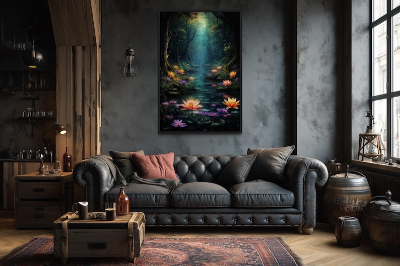 a cozy living room with a large, tufted leather sofa, a wooden coffee table, and a painting of a lush, colorful garden with a pond and flowers hanging above it.