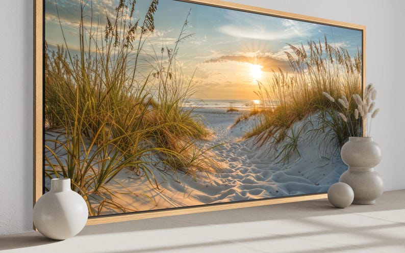 Beach Sunset Sand Dunes Wall Art - Calm Seascape Coast Painting ...