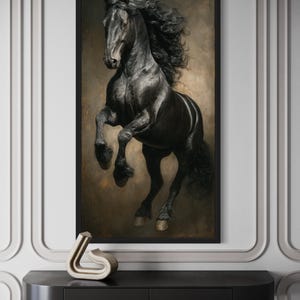 a large black horse with flowing mane and tail, standing majestically in a dramatic pose.
