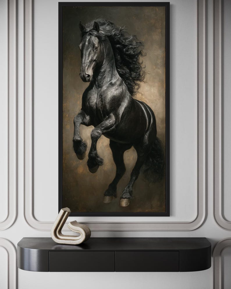 a large black horse with flowing mane and tail, standing majestically in a dramatic pose.