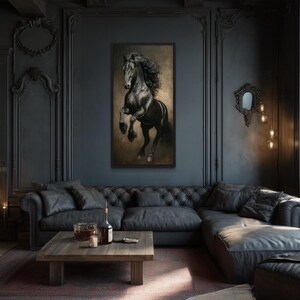 a luxurious living room with a large, tufted leather sofa, a wooden coffee table, and a framed painting of a horse on the wall. The room has dark wood paneling, a large window, and a chandelier, creating an elegant and sophisticated atmosphere.