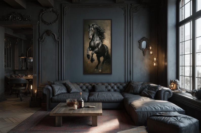 a luxurious living room with a large, tufted leather sofa, a wooden coffee table, and a framed painting of a horse on the wall. The room has dark wood paneling, a large window, and a chandelier, creating an elegant and sophisticated atmosphere.