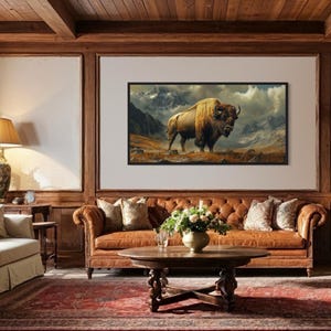 American Bison In Mountains Wall Art, Buffalo Painting Canvas PRINT, Southwestern Nature Wall Decor, Framed Ready To Hang