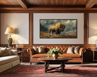 American Bison In Mountains Wall Art, Buffalo Painting Canvas PRINT, Southwestern Nature Wall Decor, Framed Ready To Hang