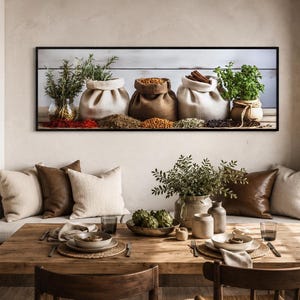 Spices And Herbs Long Horizontal Painting Canvas PRINT, Narrow Kitchen Wall Art, Dining Room Decor Framed Ready To Hang