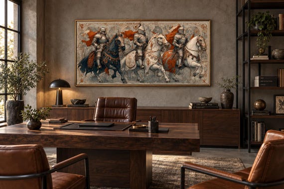 Medieval Knights Wall Art – Gothic Battle Scene Canvas Print, Armored Horsemen With Swords, Man Cave Medieval Warrior Wall Décor