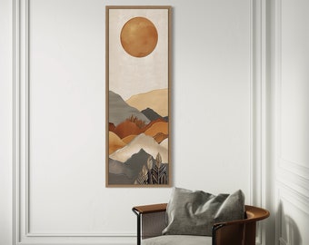 Lange schmale vertikale Wandkunst - Boho Minimalist Berglandschaft Malerei Erdtöne Leinwanddruck großes Kunstwerk fertig zum Aufhängen