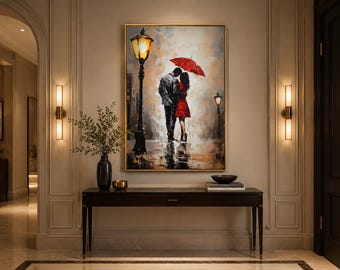 Romantic Wall Art - Couple In Love In The Rain Under Umbrella Impressionist Painting Canvas Print -  Bedroom Decor Framed Ready To Hang