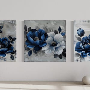 Set of 3 Blue Floral Wall Art – Light Blue and Navy Flower Canvas ...