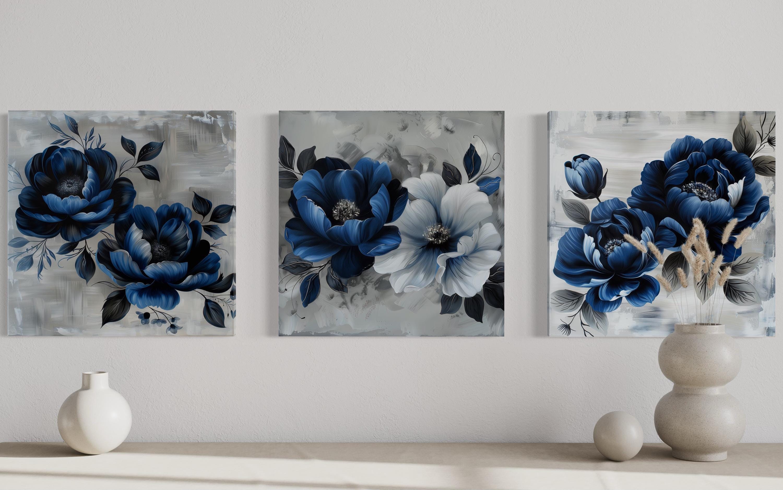 Set of 3 Blue Floral Wall Art – Light Blue and Navy Flower Canvas ...