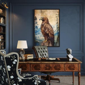 Eagle In Mountains Sitting On a Rock Painting Canvas PRINT, Vintage Eagle Wall Art - Framed Or Unframed Ready To Hang