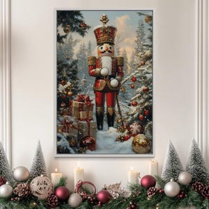 Nutcracker Under Christmas Tree Wall Art, Christmas Eve Wall Decor, Above Mantel Artwork Framed Ready to Hang