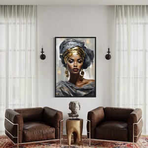 a modern living room with a large portrait of a woman hanging on the wall, flanked by two brown leather armchairs. The room has a rug on the floor and a wooden side table between the chairs.