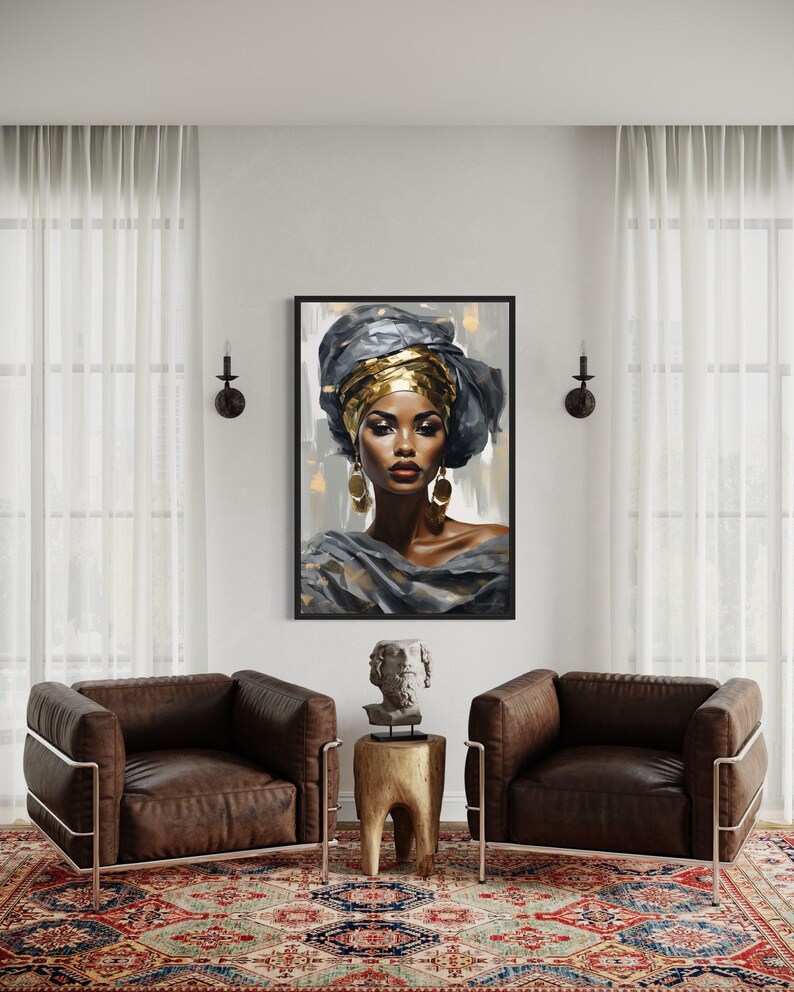 a modern living room with a large portrait of a woman hanging on the wall, flanked by two brown leather armchairs. The room has a rug on the floor and a wooden side table between the chairs.