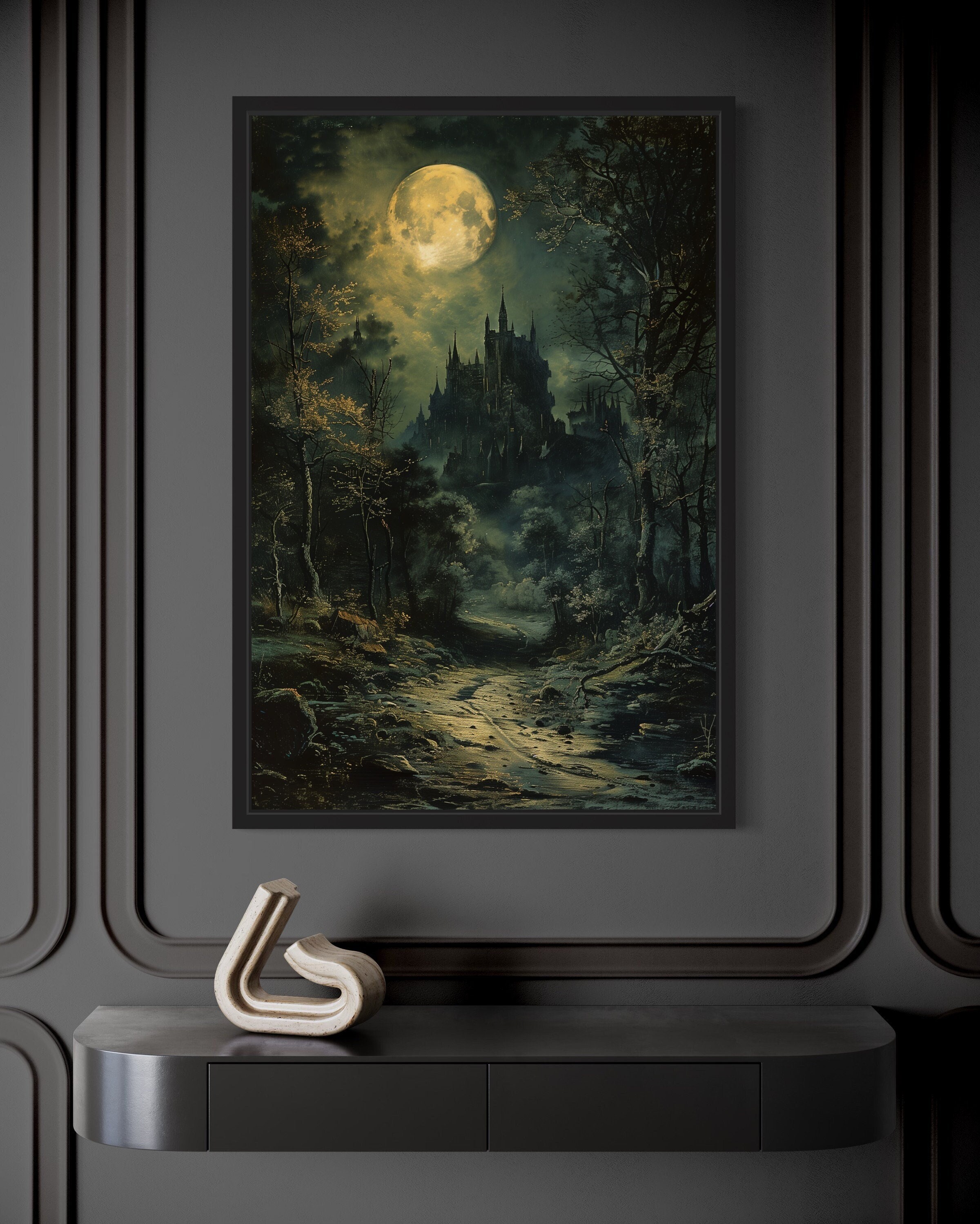 Dark Moonlit Gothic Vampire Castle Painting Canvas PRINT, Halloween Wall Art, Dark Academia Moody Decor Framed Ready To Hang
