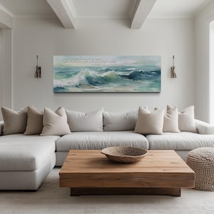 Scripture Wall Art Mightier Than The Waves, Long Horizontal Christian Bible Wall Decor, Ocean Waves Panoramic Canvas Print Ready To Hang