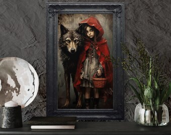 Gothic Little Red Riding Hood And Wolf Painting Canvas PRINT, Dark Academia Wall Art Spooky Halloween Decor Framed Unframed Ready To Hang