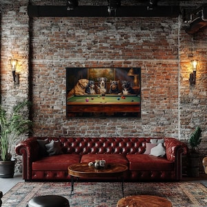 Dogs Playing Pool - Game Room Wall Art - Billiards Room Decor - Man Cave Wall Art Framed Ready To Hang
