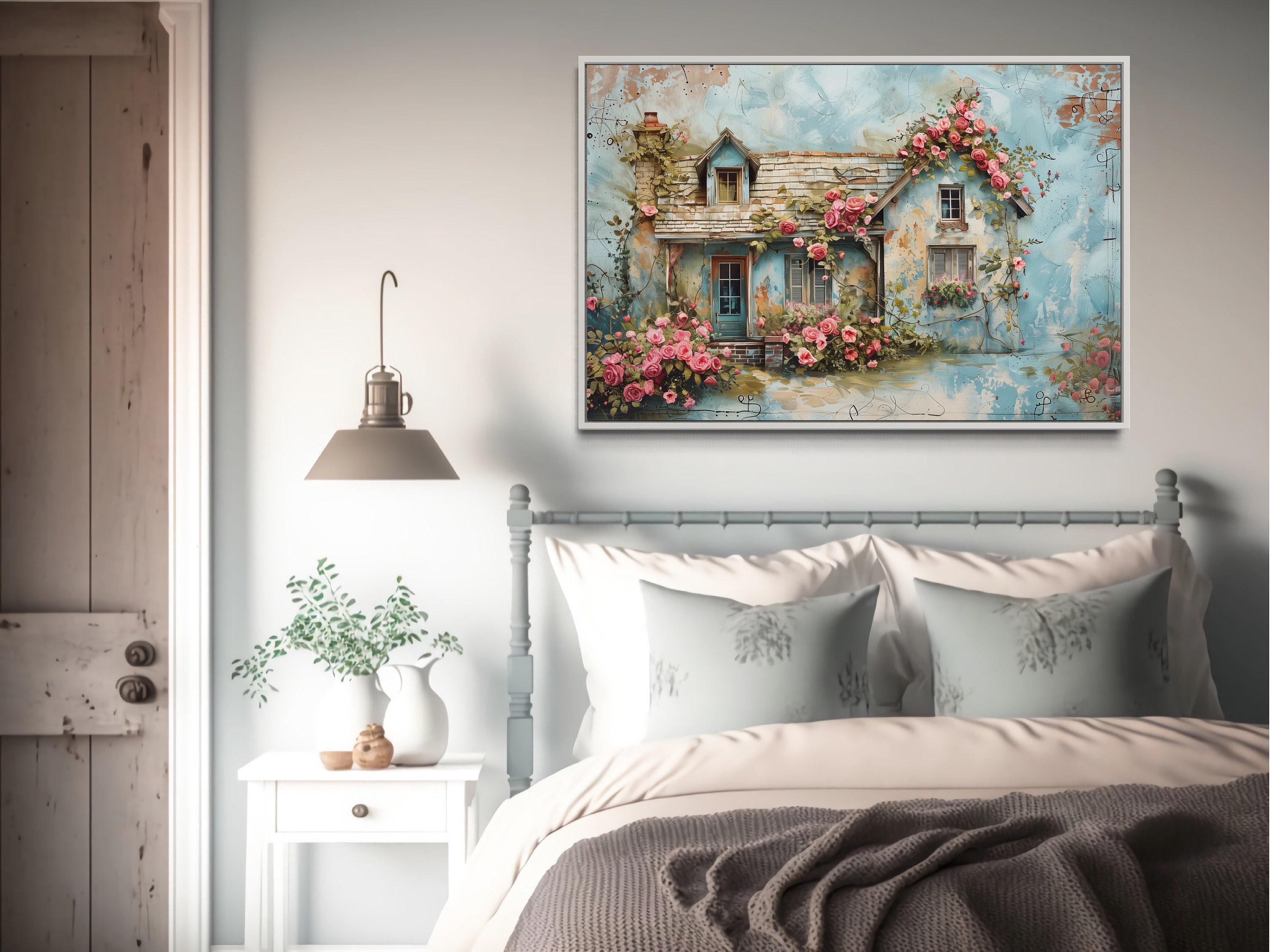 Shabby Chic Wall Art, Rustic Blue Pink Floral Cottage Painting Canvas ...