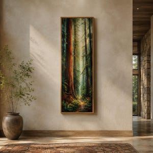 Tall Slim Redwood Forest Path Painting Canvas Print, Tall Trees Sunlight Landscape, Vertical Long Narrow Nature Wall Art Cabin Decor