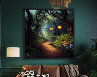 Enchanted Forest Path Wall Art – Glowing Lantern Woodland Fantasy Painting For Living Room Bedroom And Cozy Home Decor