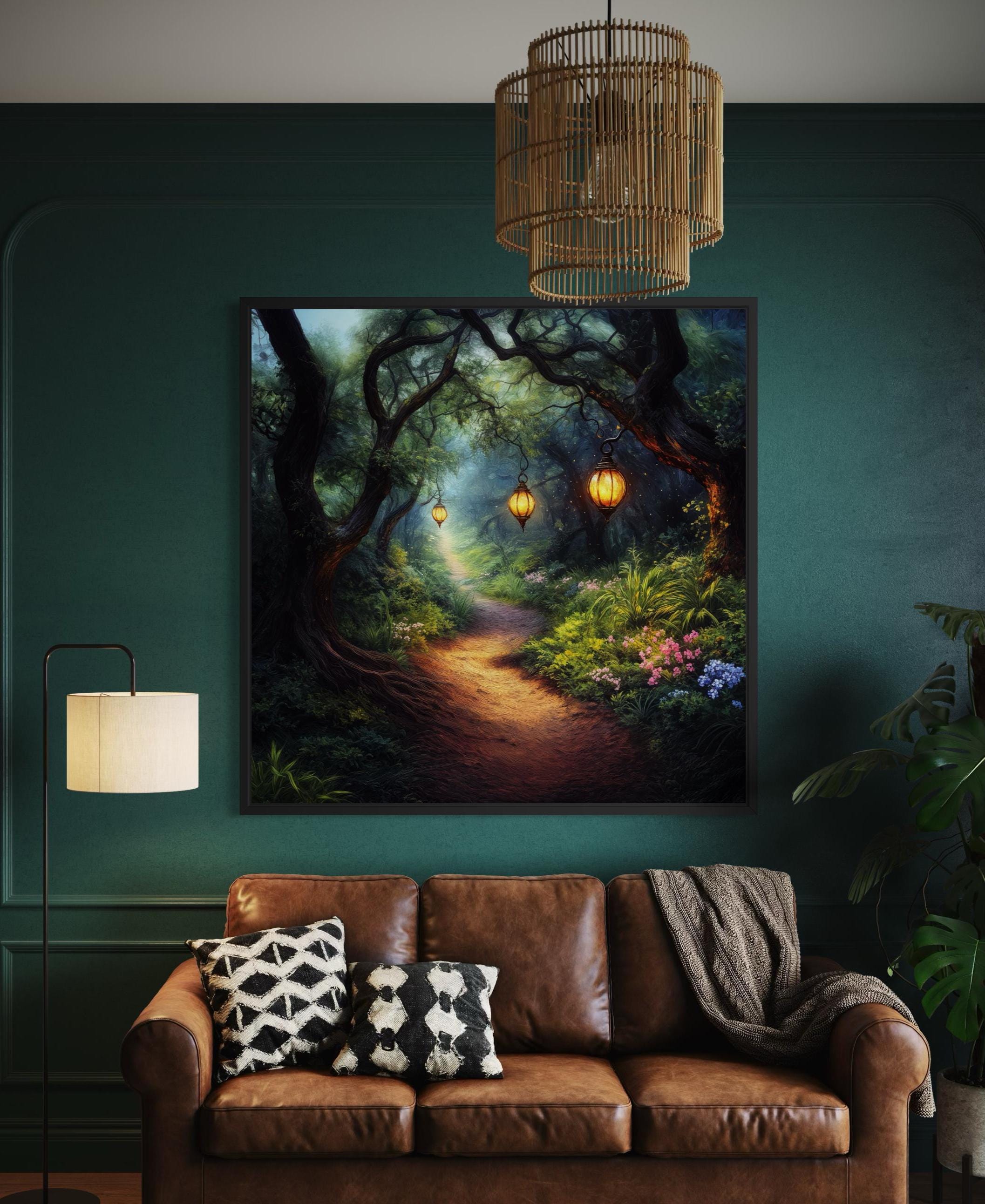 Enchanted Forest Path Wall Art – Glowing Lantern Woodland Fantasy ...