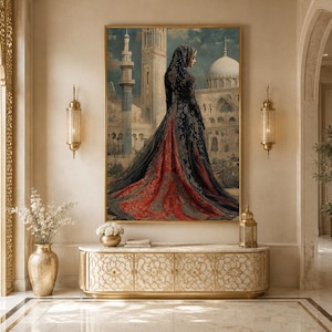 Arabic Princess In Front of Mosque Wall Art - Elegant Woman In Red And Black Dress Islamic Architecture Canvas Print Framed Ready To Hang