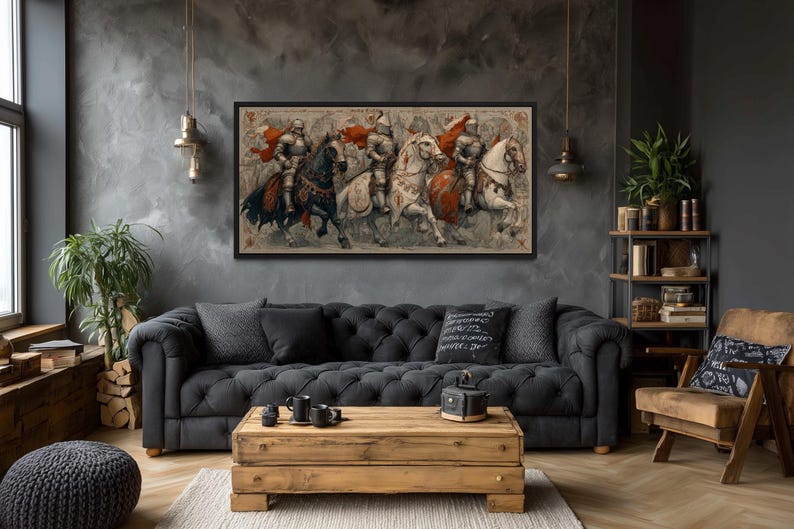 Medieval Knights Wall Art – Gothic Battle Scene Canvas Print, Armored Horsemen With Swords, Man Cave Medieval Warrior Wall Décor Bild 9