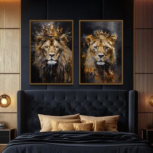 Set of 2 Lion King And Lioness Queen With Crowns Black Gold Painting Canvas Print - Romantic Couples Bedroom Wall Art Framed Ready To Hang