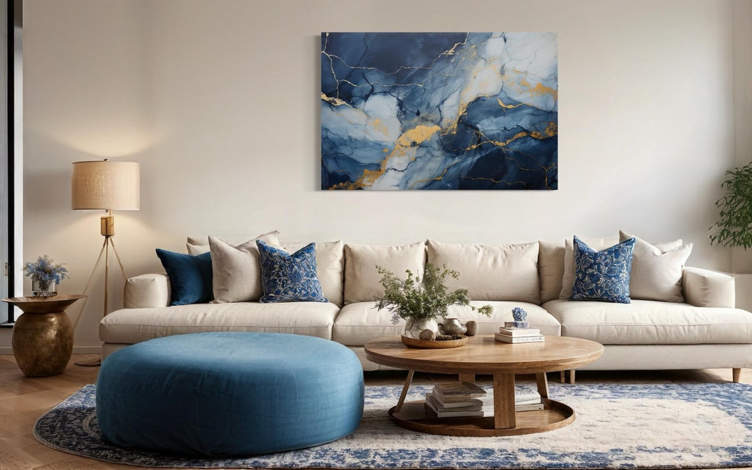 Navy Blue Grey Gold Wall Art, Abstract Marble Painting Canvas PRINT