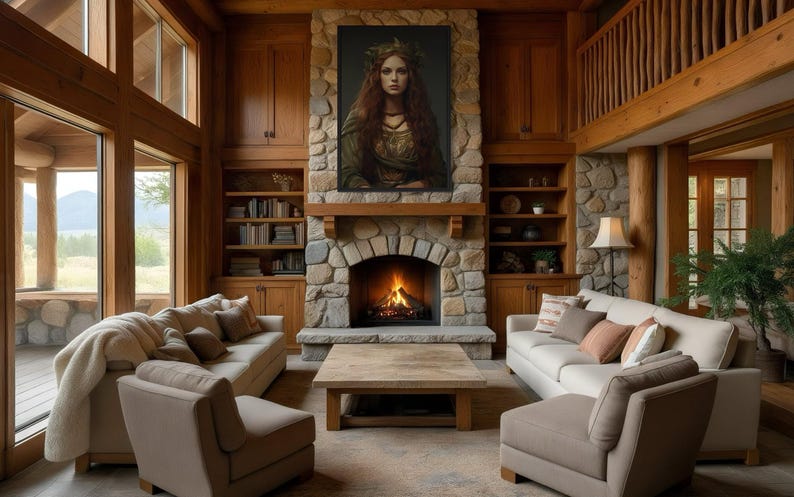 a cozy living room with a stone fireplace, wooden furniture, and large windows overlooking a scenic outdoor view.