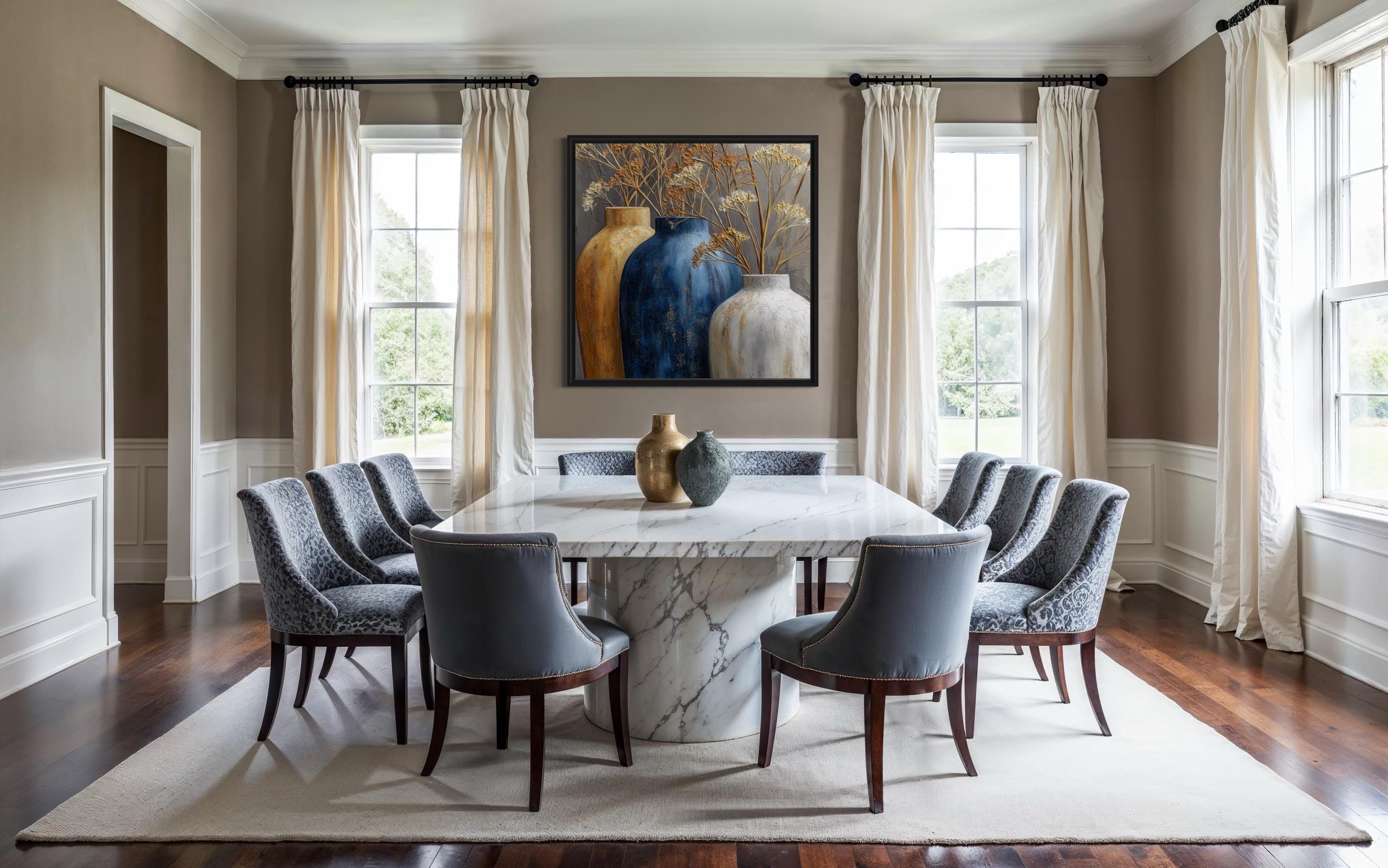 Dining Room Wall Art, Blue Gold Beige Vase Painting Modern Neutral Still Life Canvas Print Framed Ready To Hang