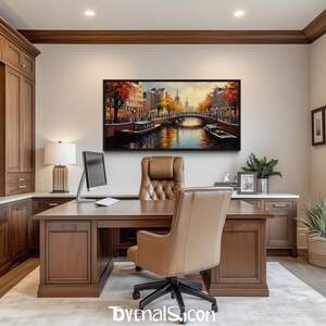 a well-appointed home office with a large window, wooden furniture, and a framed painting of a cityscape on the wall.