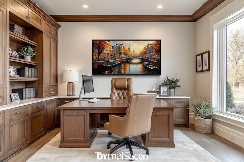 a well-appointed home office with a large window, wooden furniture, and a framed painting of a cityscape on the wall.