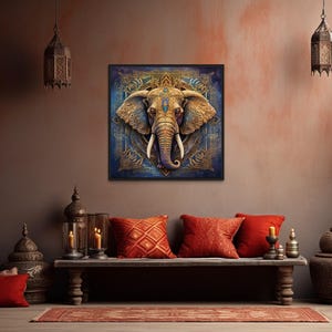 a large, ornate painting of an elephant on a wall, with a wooden bench and decorative items in the foreground.