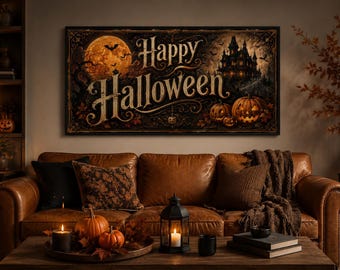 May include: A rectangular wall art piece featuring the text Happy Halloween in ornate gold lettering. The illustration includes a large orange full moon, a dark gothic mansion, flying bats, and carved jack-o'-lanterns on a dark background.