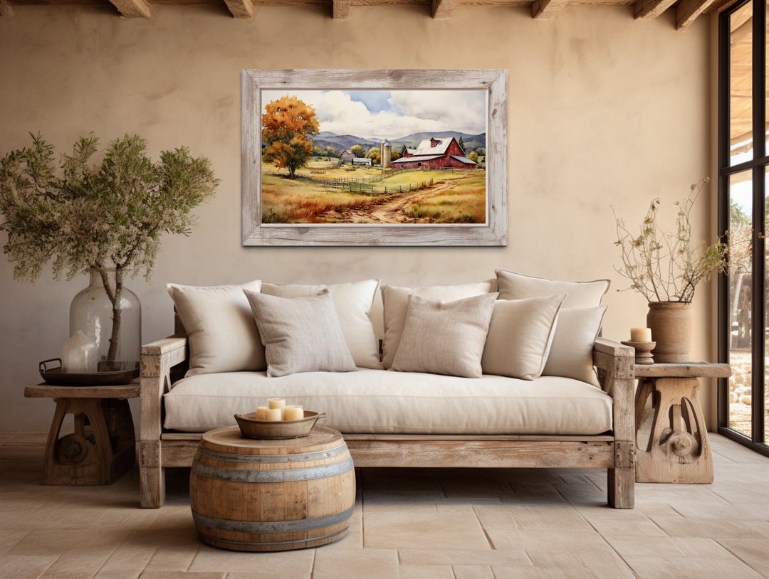 Farm Scene Painting With Red Barn in the Field, Farmhouse Wall Art
