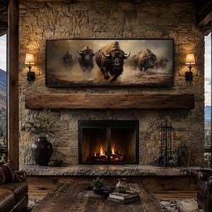 Running Bison Herd Wall Art, American Buffalo Canvas Print, Western Wildlife Landscape Decor for Living Room< Man Cave Cabin Lodge Style