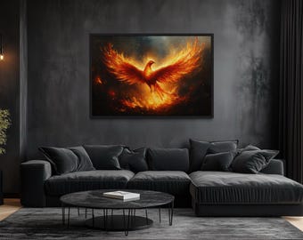 Phoenix Rising Painting Canvas Print -  Horizontal Canvas Phoenix Bird Rising From Fire Oil Painting Framed Ready To Hang