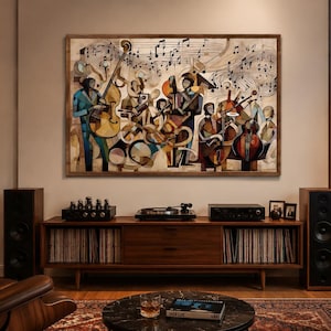 May include: A rectangular wall art print featuring a stylized jazz band with musicians playing double bass, saxophone, and trumpet, surrounded by floating musical notes in shades of brown, blue, and cream, framed in a simple wooden border.