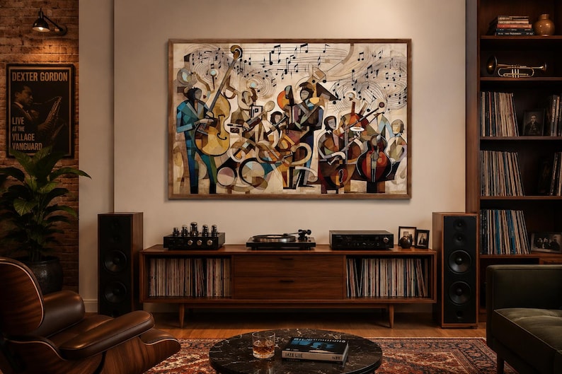 May include: A rectangular wall art print featuring a stylized jazz band with musicians playing double bass, saxophone, and trumpet, surrounded by floating musical notes in shades of brown, blue, and cream, framed in a simple wooden border.