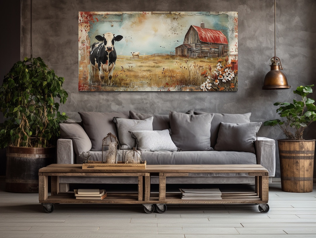 Old Red Barn and Cows on the Farm Painting Canvas PRINT, Farmhouse Wall ...