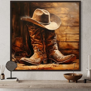 Cowboy Hat and Boots Painting Canvas PRINT, Cowboy Wild West Wall Art, Ranch Wall Decor, Man Cave Decor, Western Artwork Ready To Hang