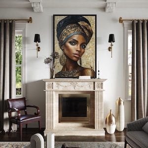 African Woman Wall Art - Mosaic Style Canvas Print, Black Beauty Portrait For Bedroom, Afrocentric Wall Decor Framed Ready To Hang