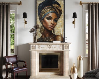 African Woman Wall Art - Mosaic Style Canvas Print, Black Beauty Portrait For Bedroom, Afrocentric Wall Decor Framed Ready To Hang