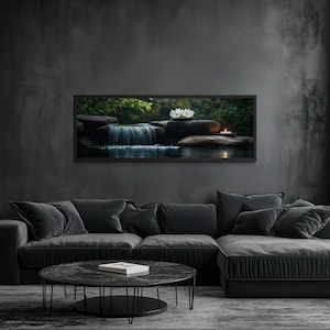 Zen Garden Spa Waterfall Canvas Wall Art - Candle And White Lotus Over Bed Horizontal Relaxation Print, Modern Bedroom Tranquility Decor