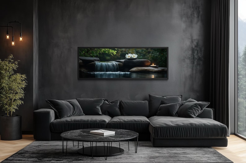 Zen Garden Spa Waterfall Canvas Wall Art - Candle And White Lotus Over Bed Horizontal Relaxation Print, Modern Bedroom Tranquility Decor image 1