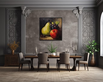 Kitchen Wall Art Still Life Fruit Oil Painting Canvas PRINT, Dining Room Wall Art, Apple, Pear Grapes Antique Painting Framed Ready To Hang