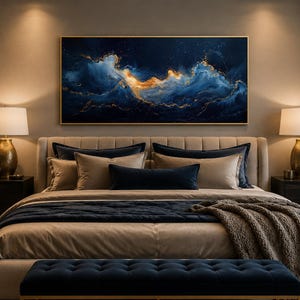 Abstract Navy Blue Gold Ocean Wave Painting Canvas PRINT, Minimalist Modern Ocean At Night Wall Art, Seascape, Art For Mens Bed image 13