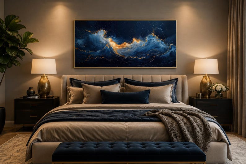 Abstract Navy Blue Gold Ocean Wave Painting Canvas PRINT, Minimalist Modern Ocean At Night Wall Art, Seascape, Art For Mens Bed image 13